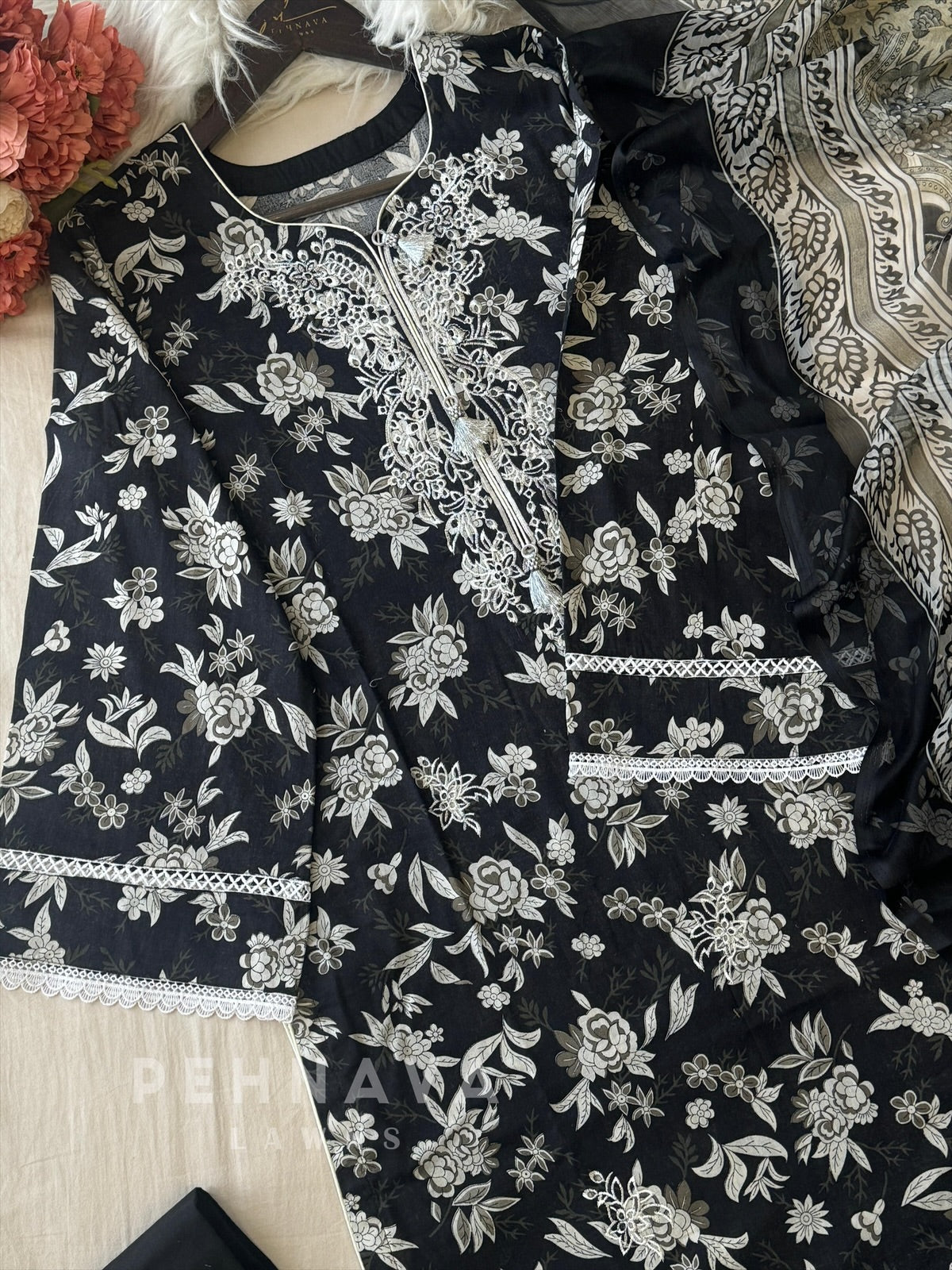 Black & White Cotton Ensemble-AZ-1405 - Pehnava Lawns