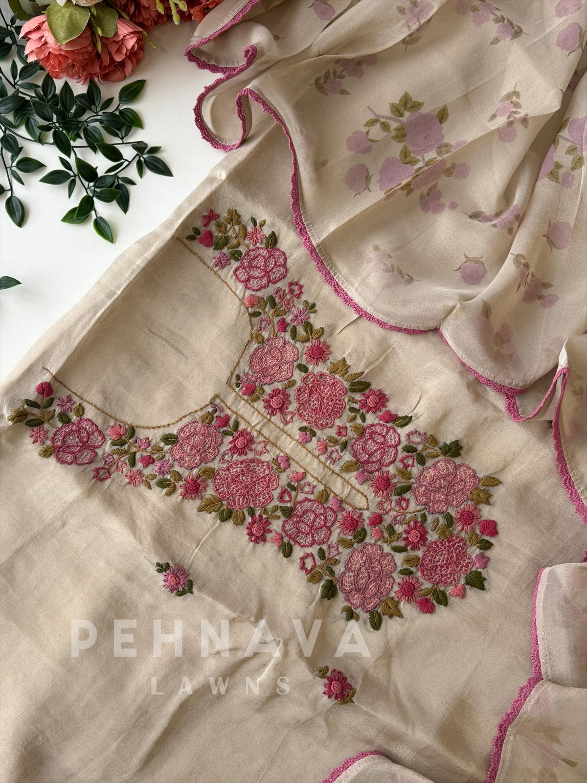 Premium Crushed Tissue Embroidered Unstitched Suit No.2 - Pehnava Lawns