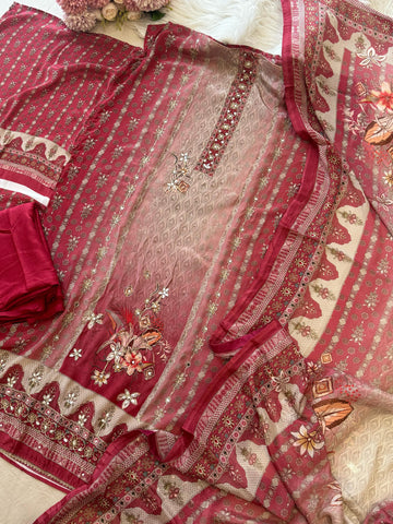Red & Beige Combo Crepe Suit-1999