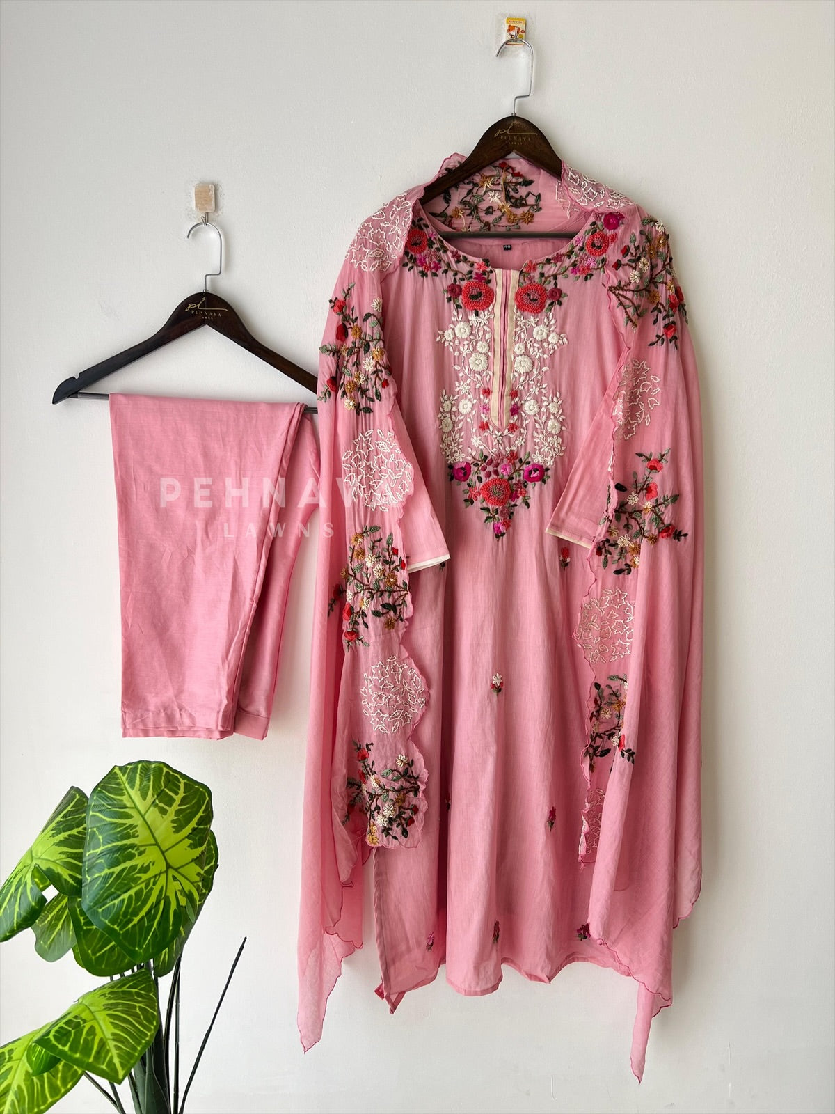 Floral Embroidered Suit with Scalloped Dupatta