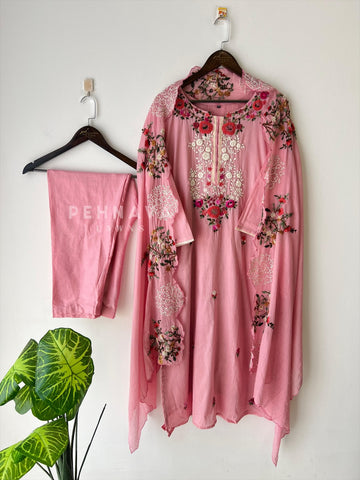 Floral Embroidered Suit with Scalloped Dupatta