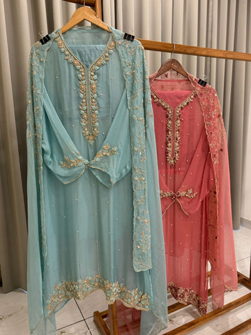 Premium organza  handwork suit with bottom and organza  hand  worked dupatta-1098