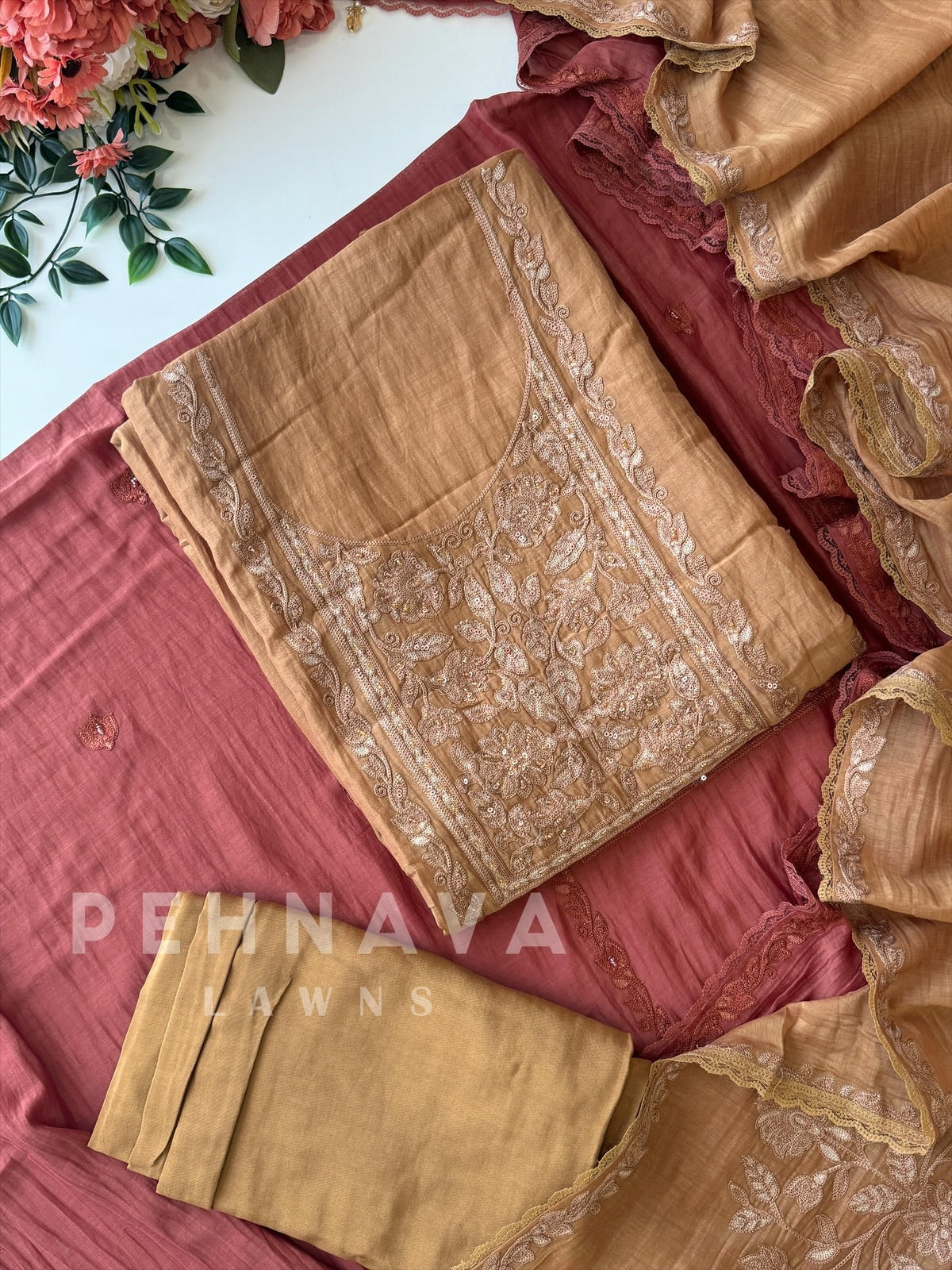 Premium Mulchanderi Embroidered Suit - Pehnava Lawns