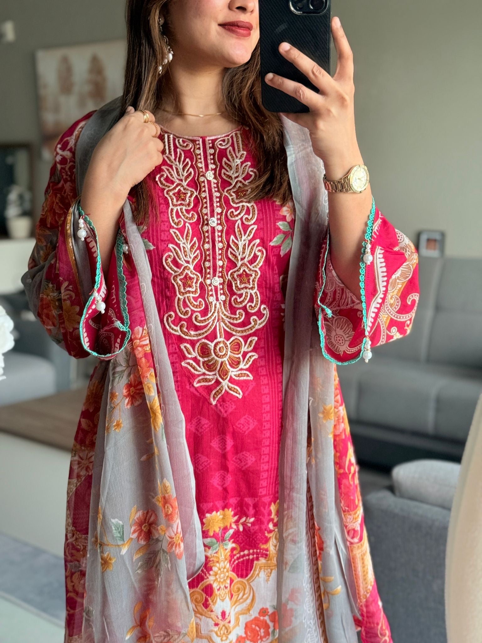 Floral printed with embroidery detailed suit - Pehnava Lawns