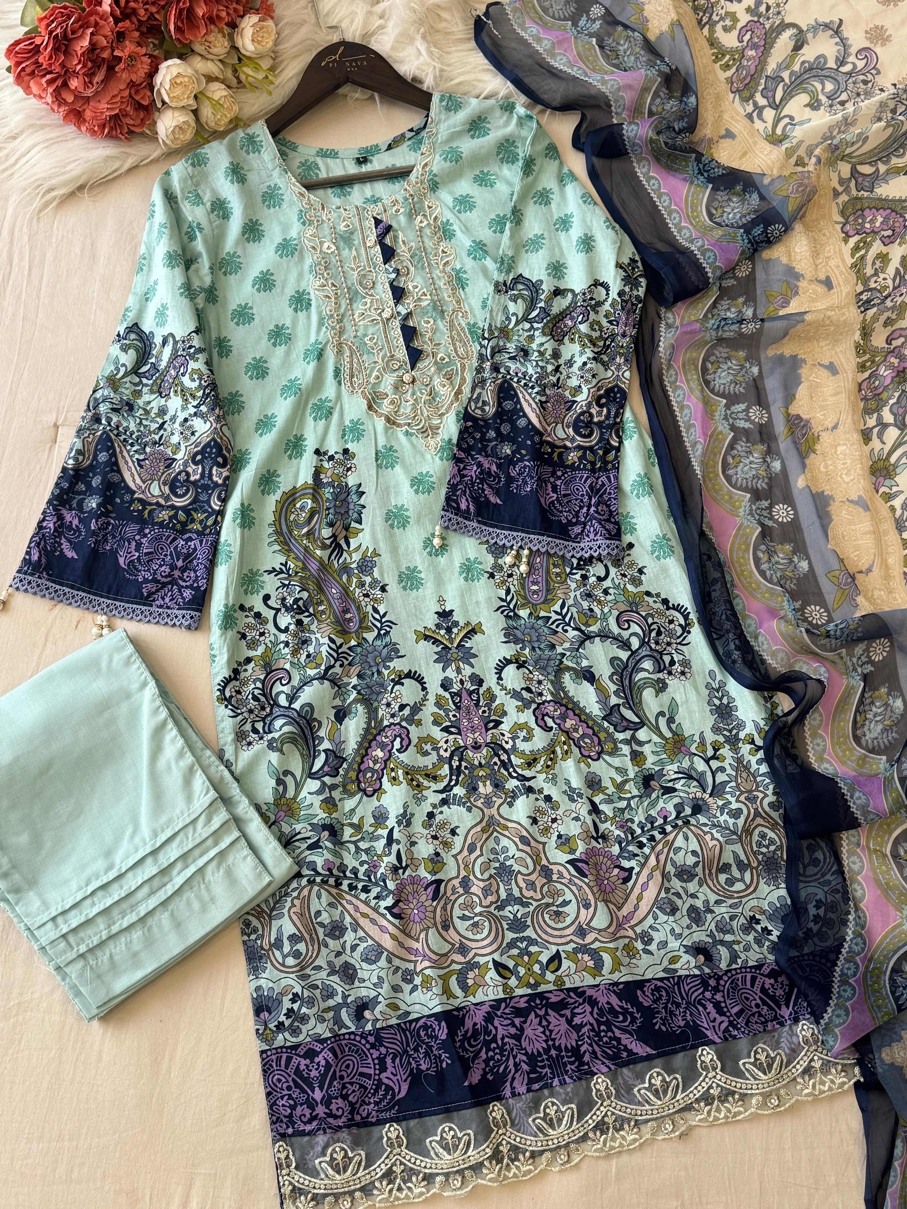 Paisley Green Suit with Neckline Embroidery 1366A