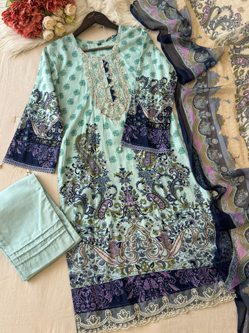 Paisley Green Suit with Neckline Embroidery 1366A