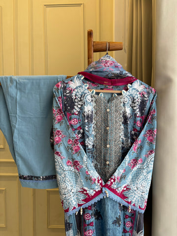 Blue Embellished Floral Suit