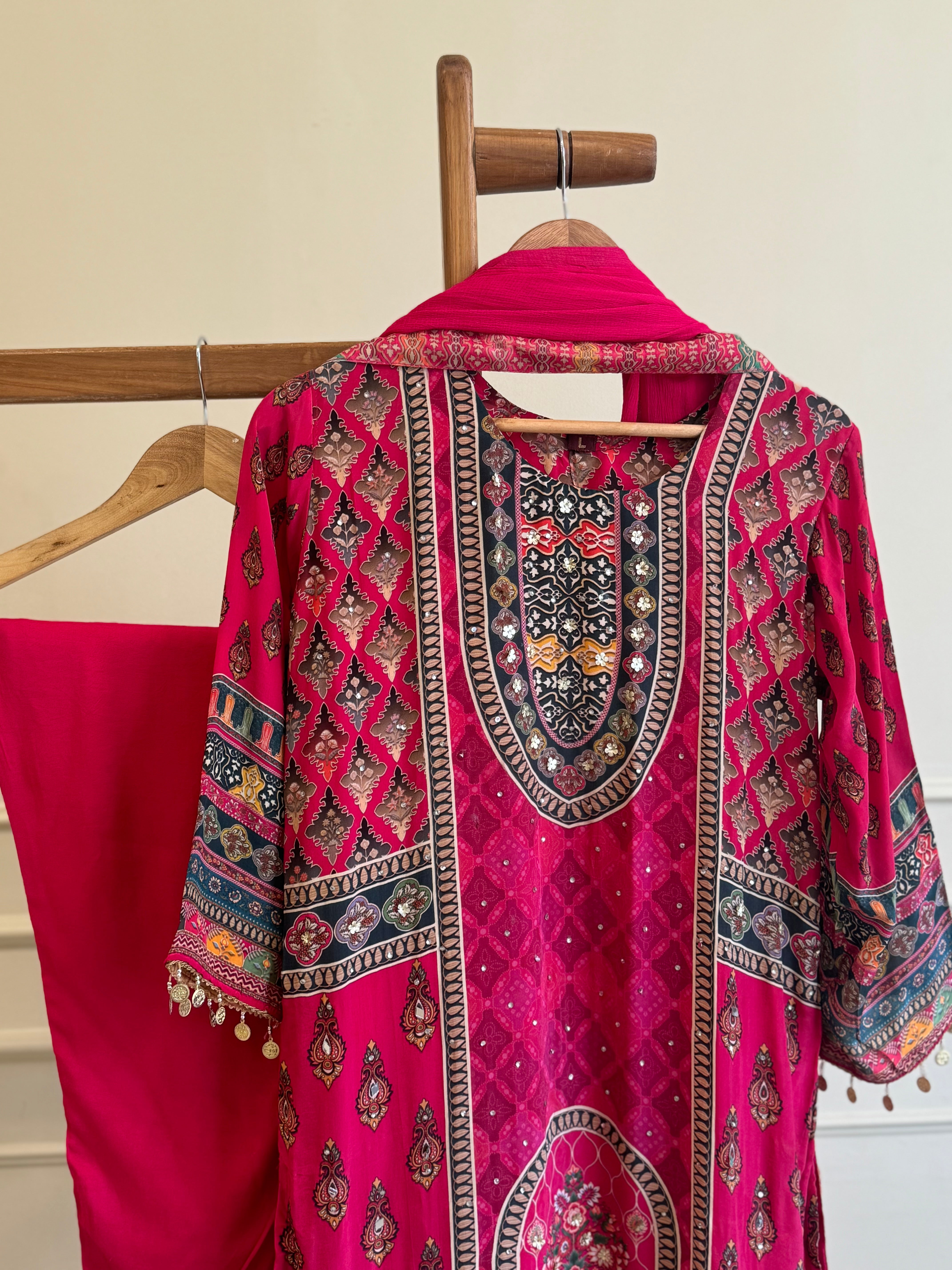 Pure crepe pakistani printed suit-hot pink