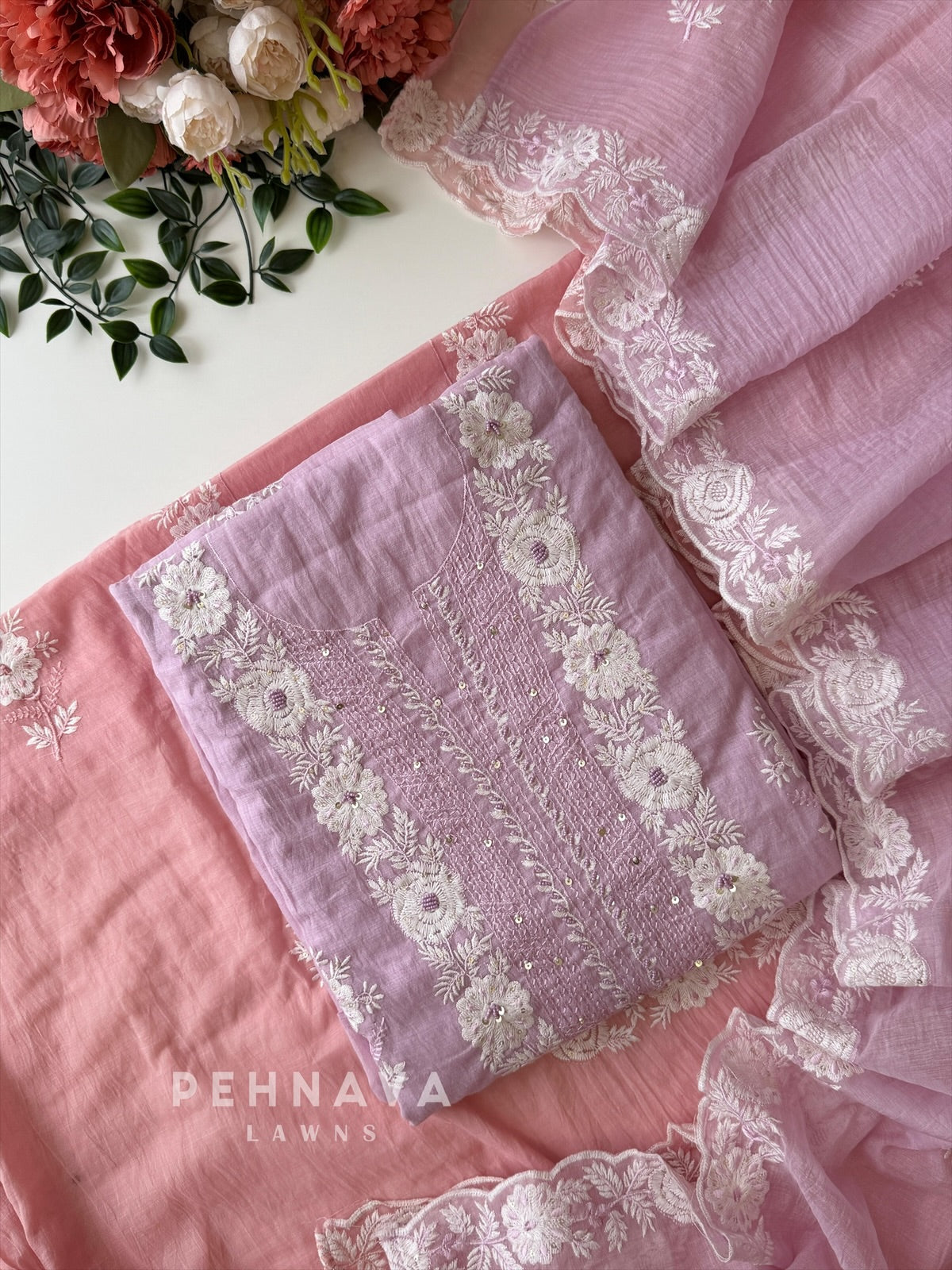 White‑thread Embroidery Unstitched Chanderi Suit-2630