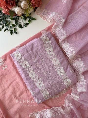 White‑thread Embroidery Unstitched Chanderi Suit-2630