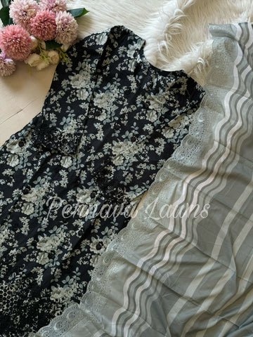 Black Cotton Embroidered Suit with cutwork Embroidered Dupatta-9061
