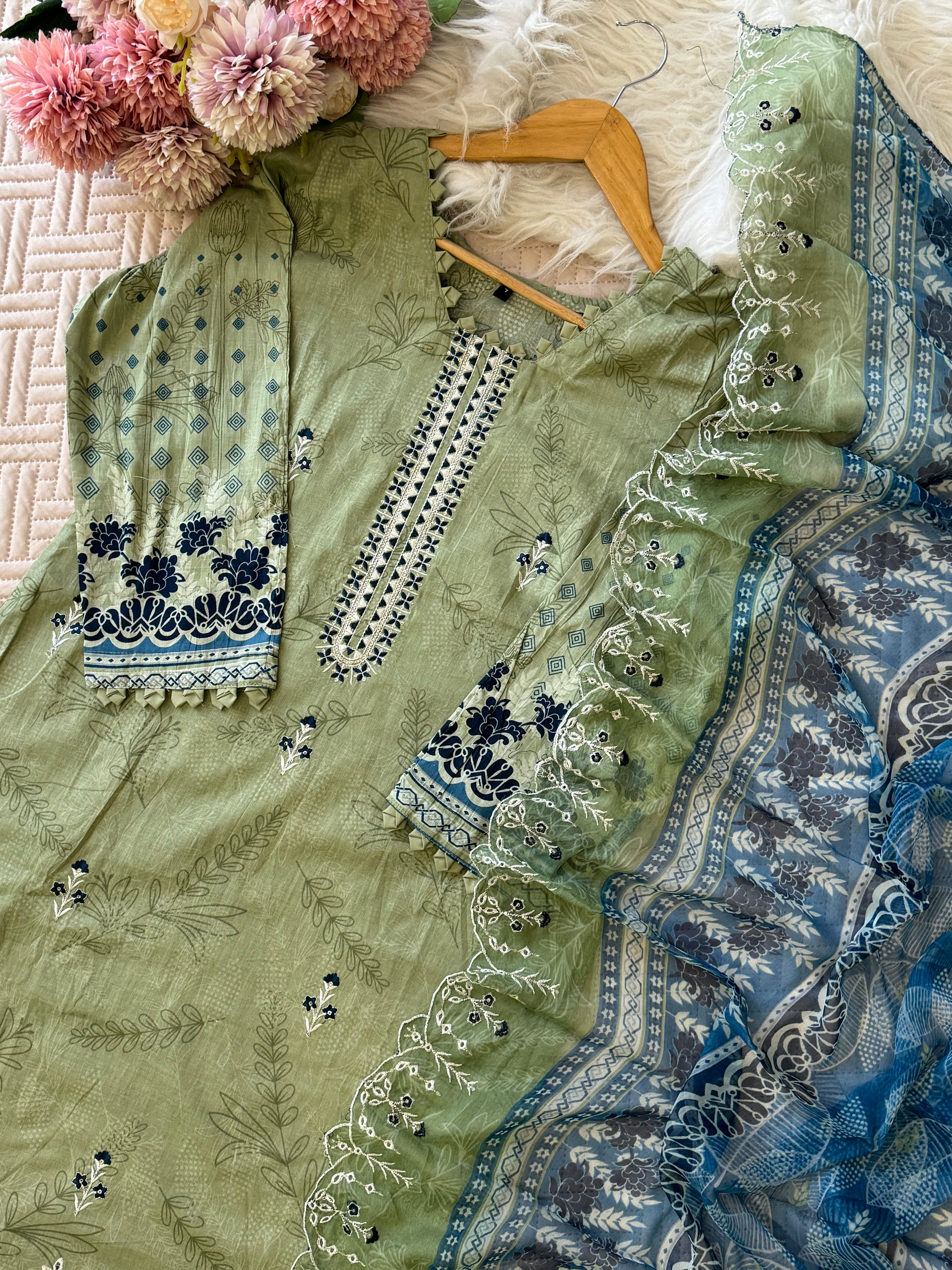 Pure cotton suit with embroidered top and dupatta-english green