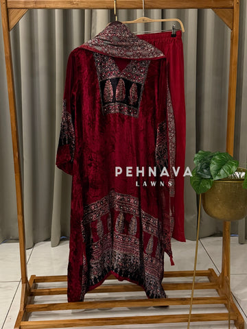 Velvet Ajrak Printed Three Piece Ensemble-1314