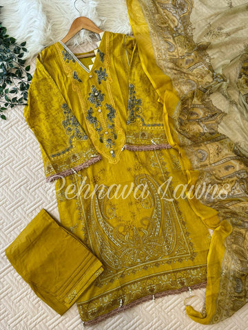 Embroidered casual suit with Chiffon Dupatta-Yellow 1128c