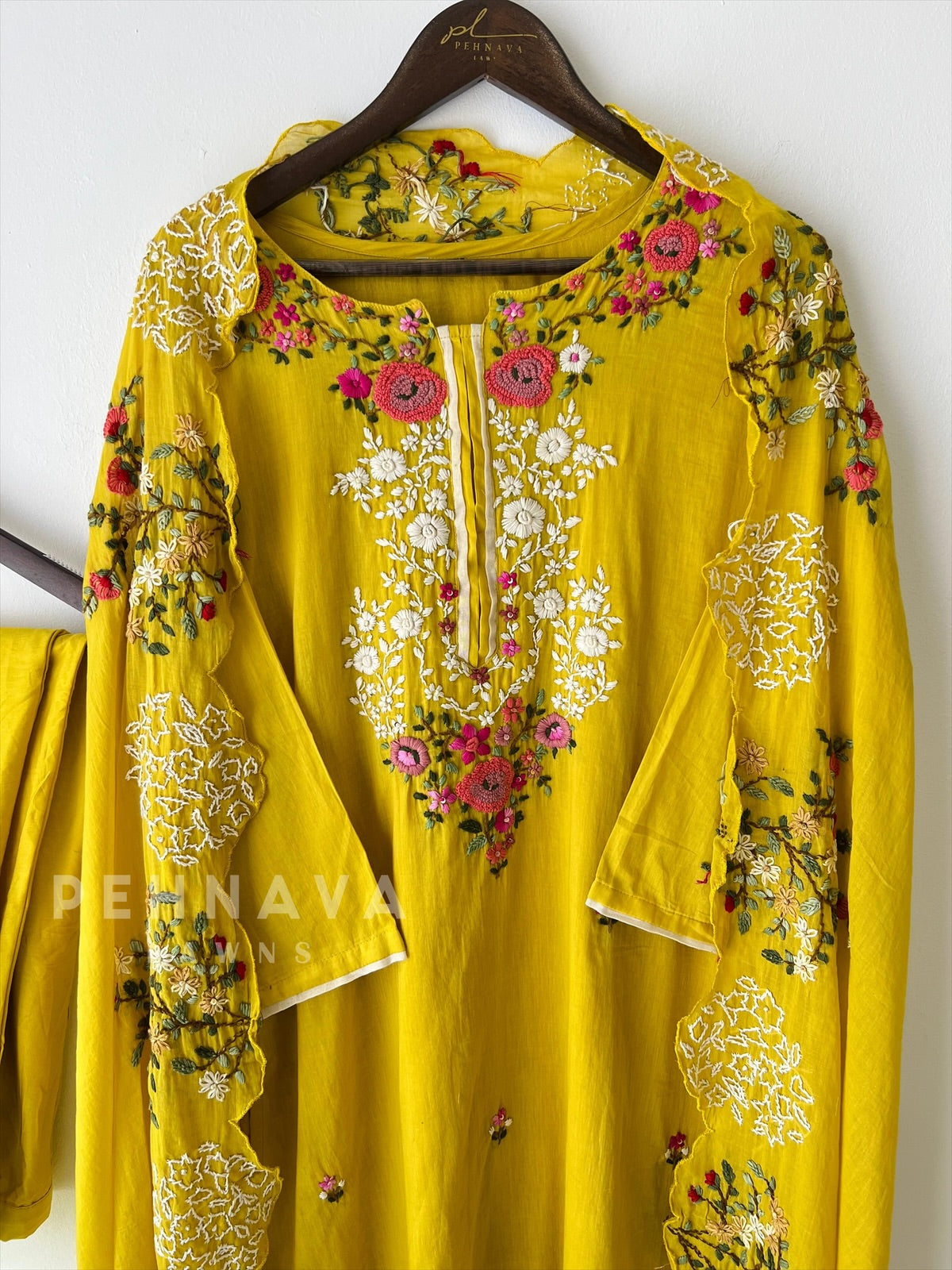 Floral Embroidered Suit with Scalloped Dupatta