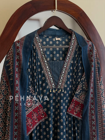 Pleated Yoke Ajrak Printed Suit