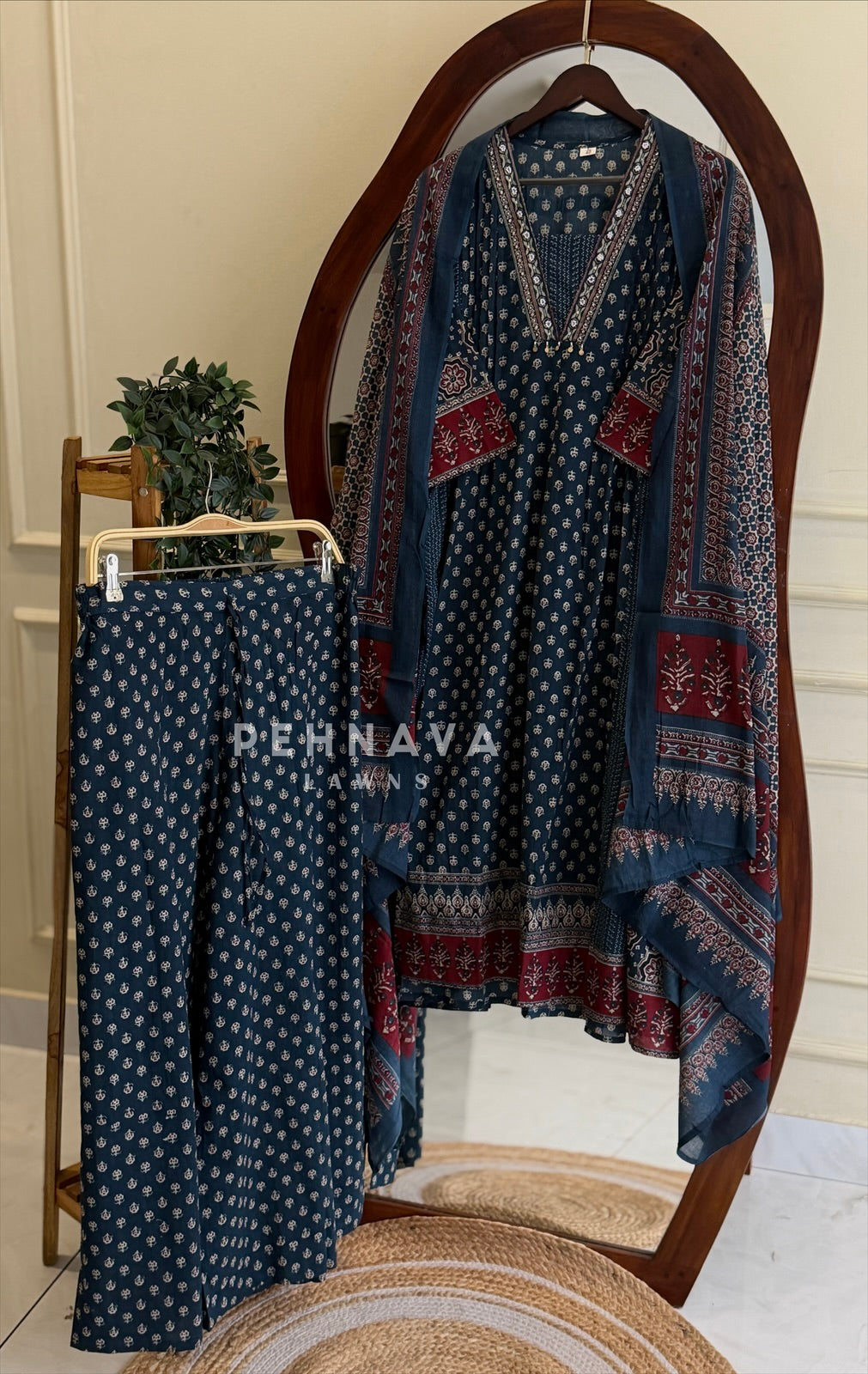 Pleated Yoke Ajrak Printed Suit