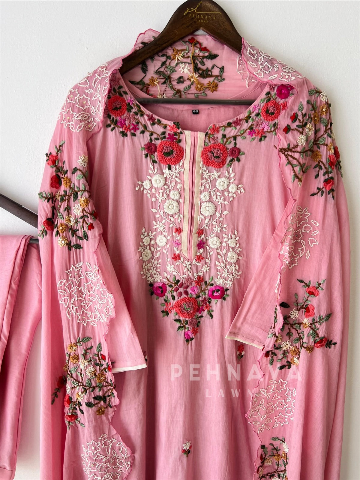 Floral Embroidered Suit with Scalloped Dupatta