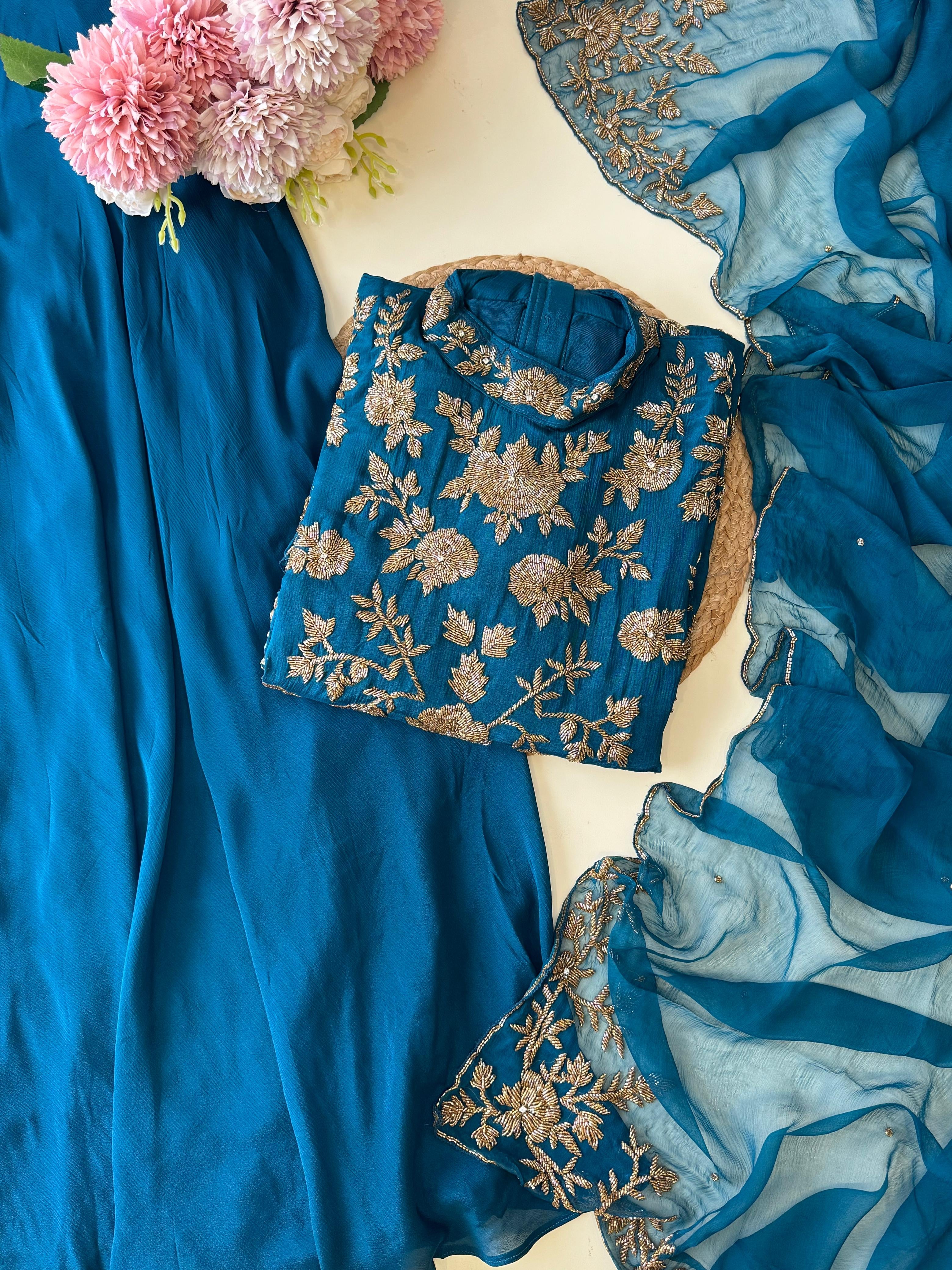 Heavy hand embroidered suit with wide sharara 8779