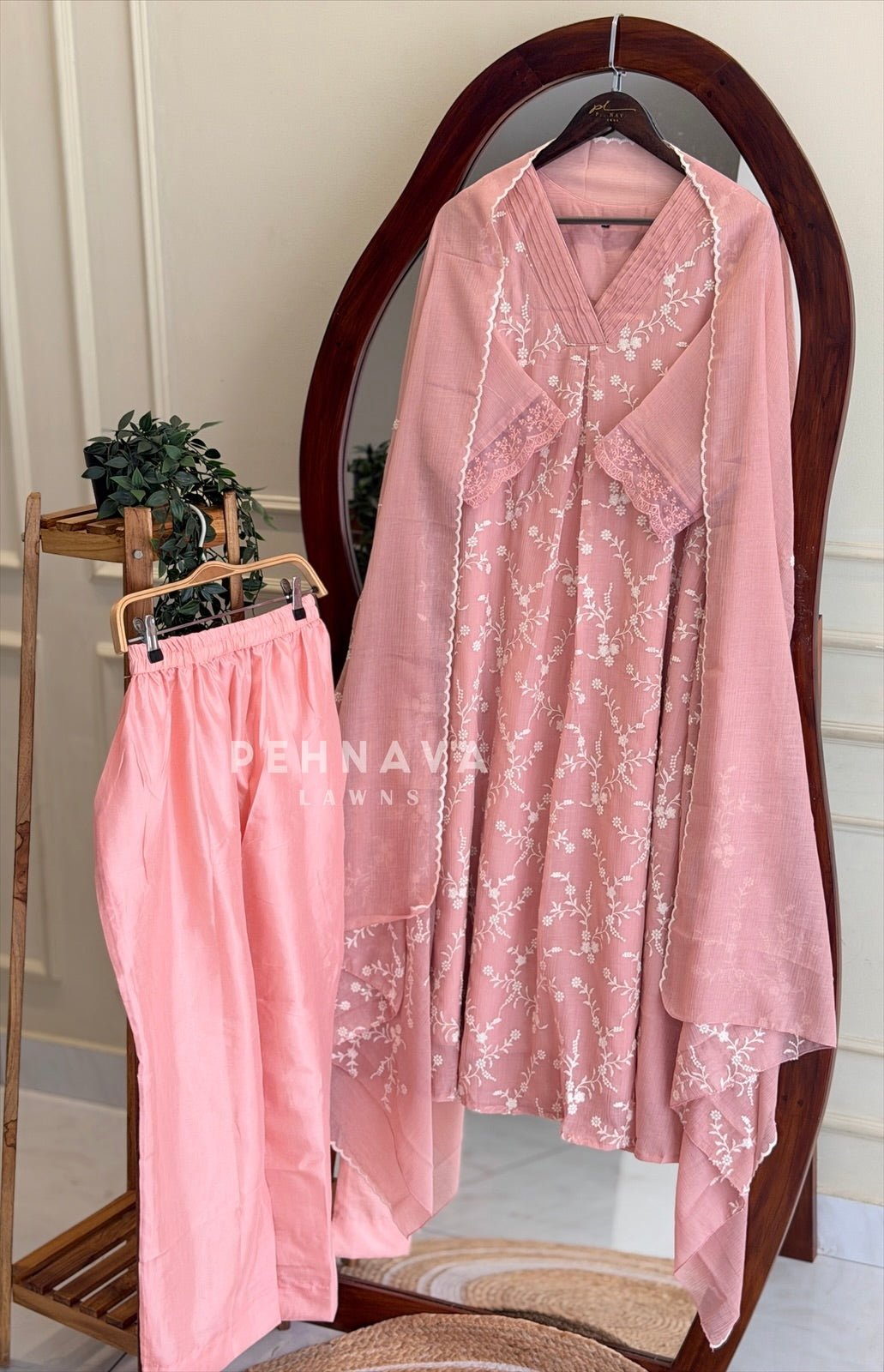 Pleated Yoke Floral Embroidered Suit-13157