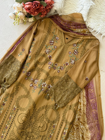 Yellow Ready to Wear Embroidered Rayon Suit