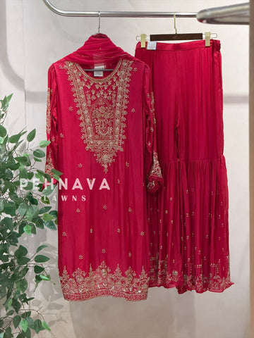 Heavily Handworked Sharara with Pure Chiffon Dupata - Pehnava Lawns