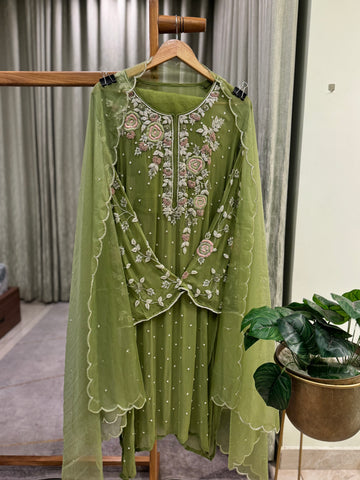 Premium Chiffon handwork suit with bottom and organza  hand  worked dupatta-1180