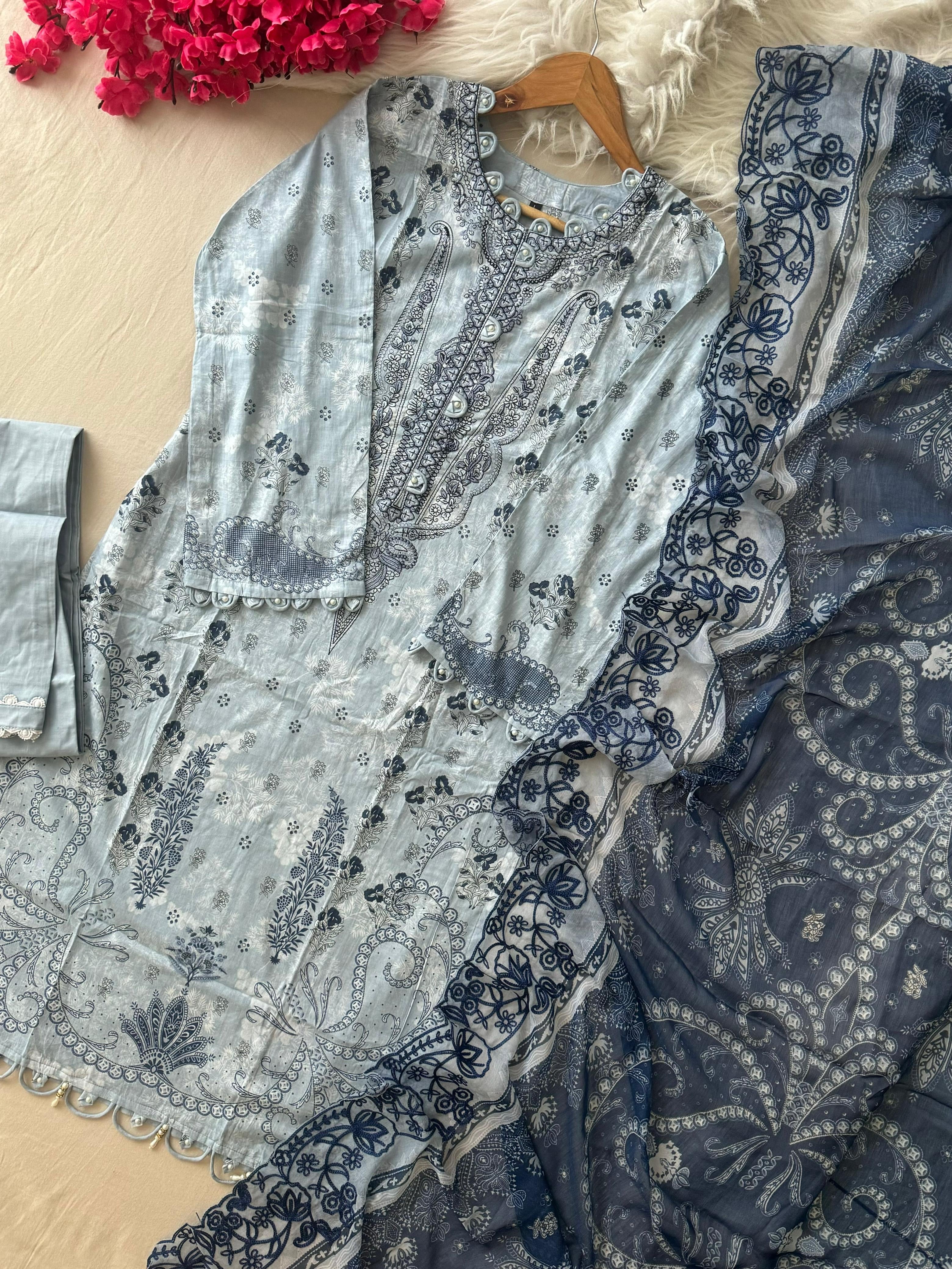 Blue Block Printed Pakistani Suit