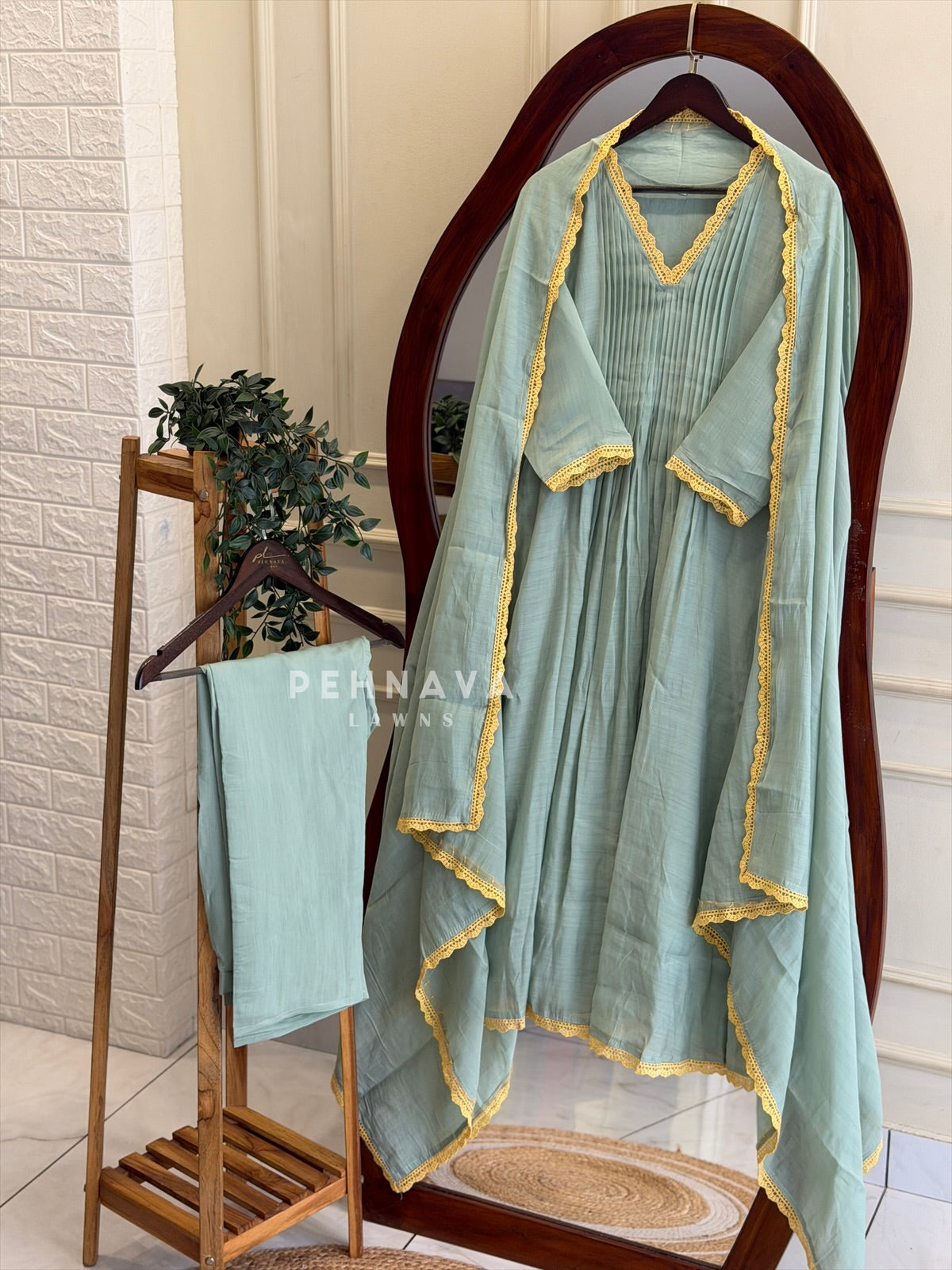 Lace Trimmed Anarkali Suit Set-12965 - Pehnava Lawns