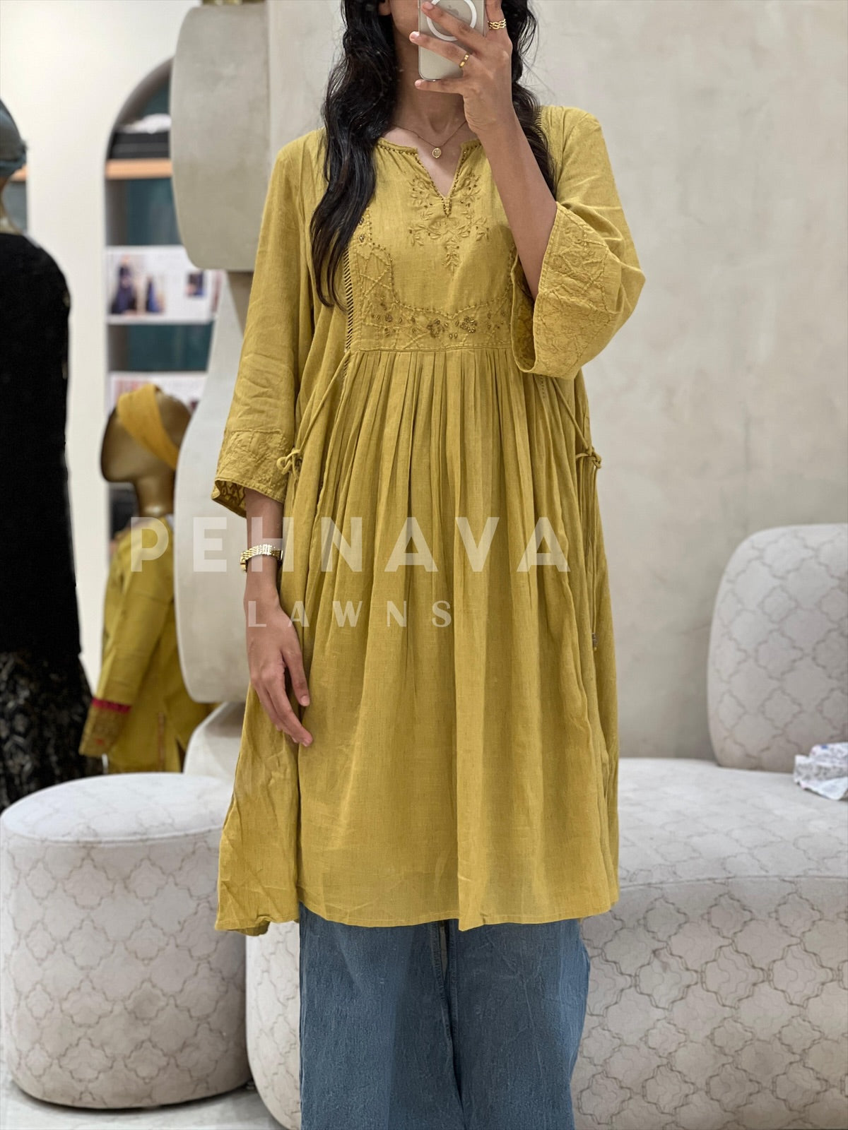 Embroidered Cotton Linen Dress - Pehnava Lawns