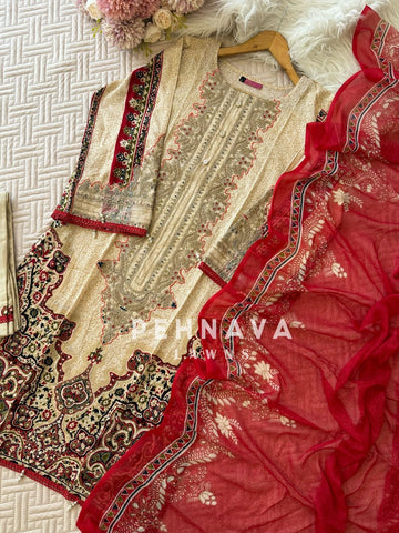 Printed casual suit with chiffon dupatta
