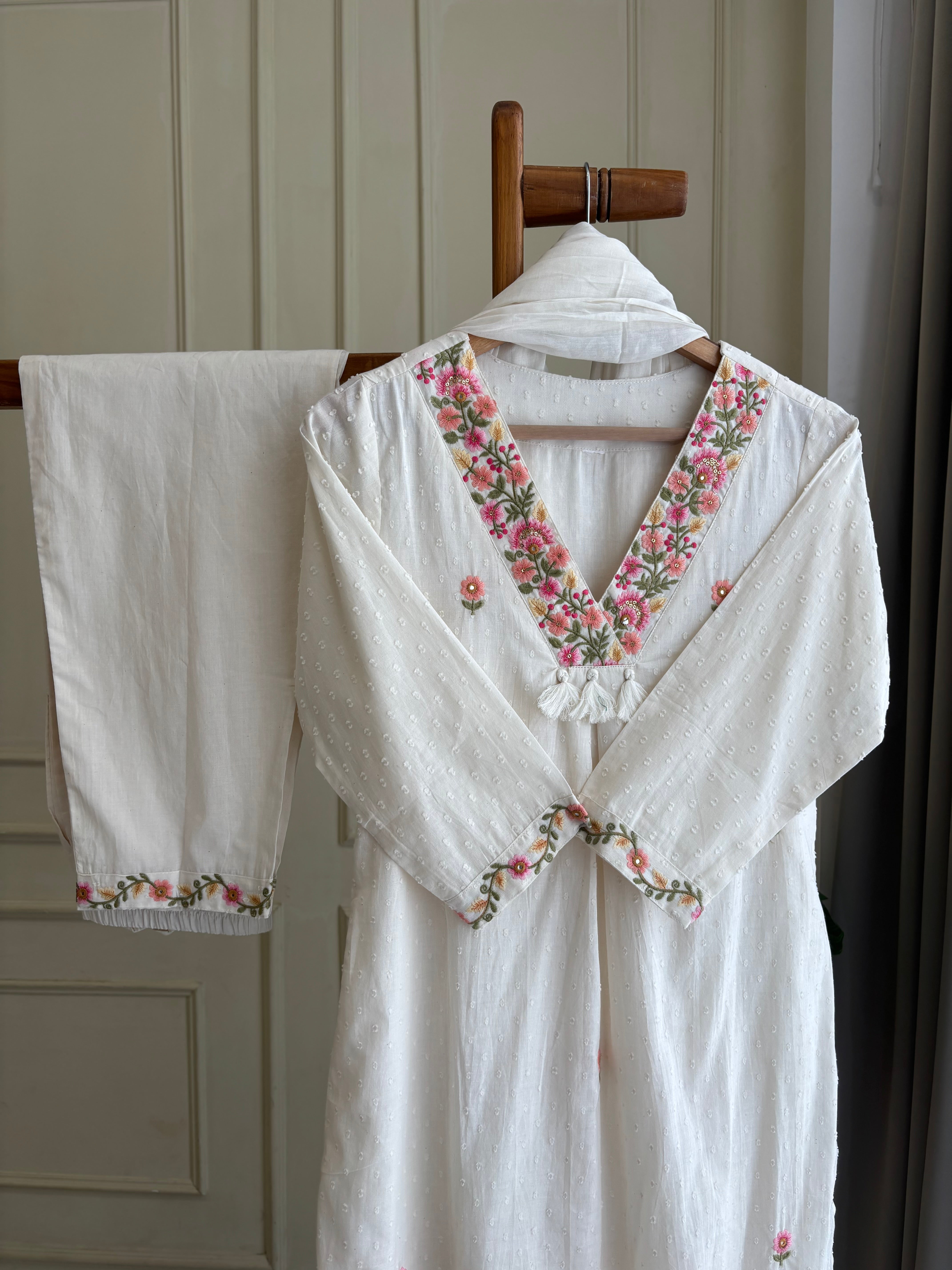 Pure Cotton Suit with Neck Embroidered detailings