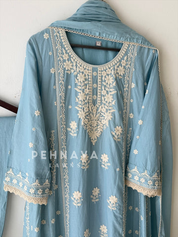 Cotton Chikankari Embroidered Ensemble-LRC 346
