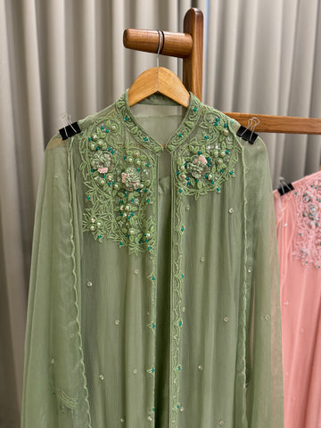 Premium Chiffon handworked jacket  with scalloped organza dupatta