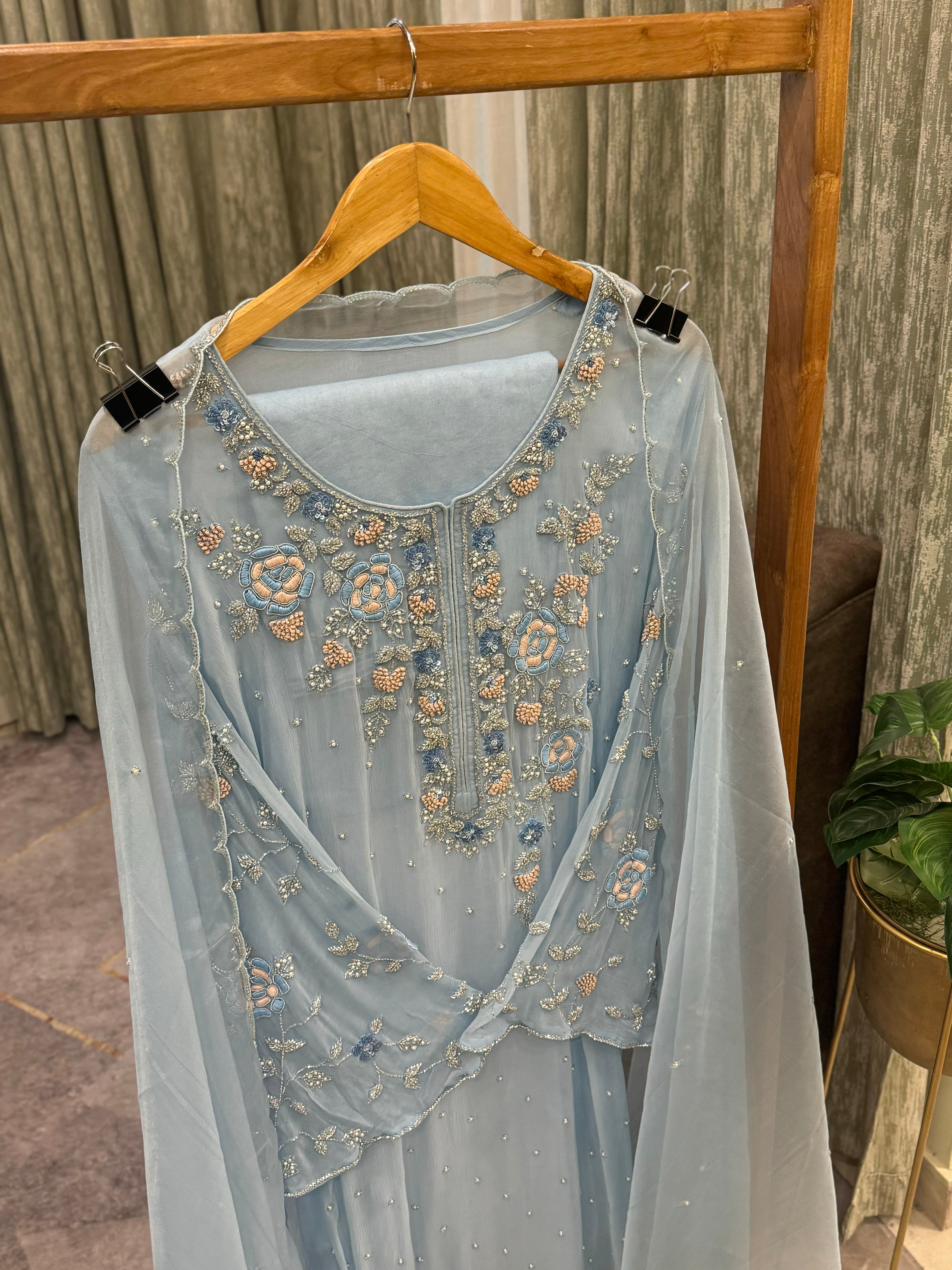 Premium Chiffon handwork suit with bottom and organza  hand  worked dupatta-1180