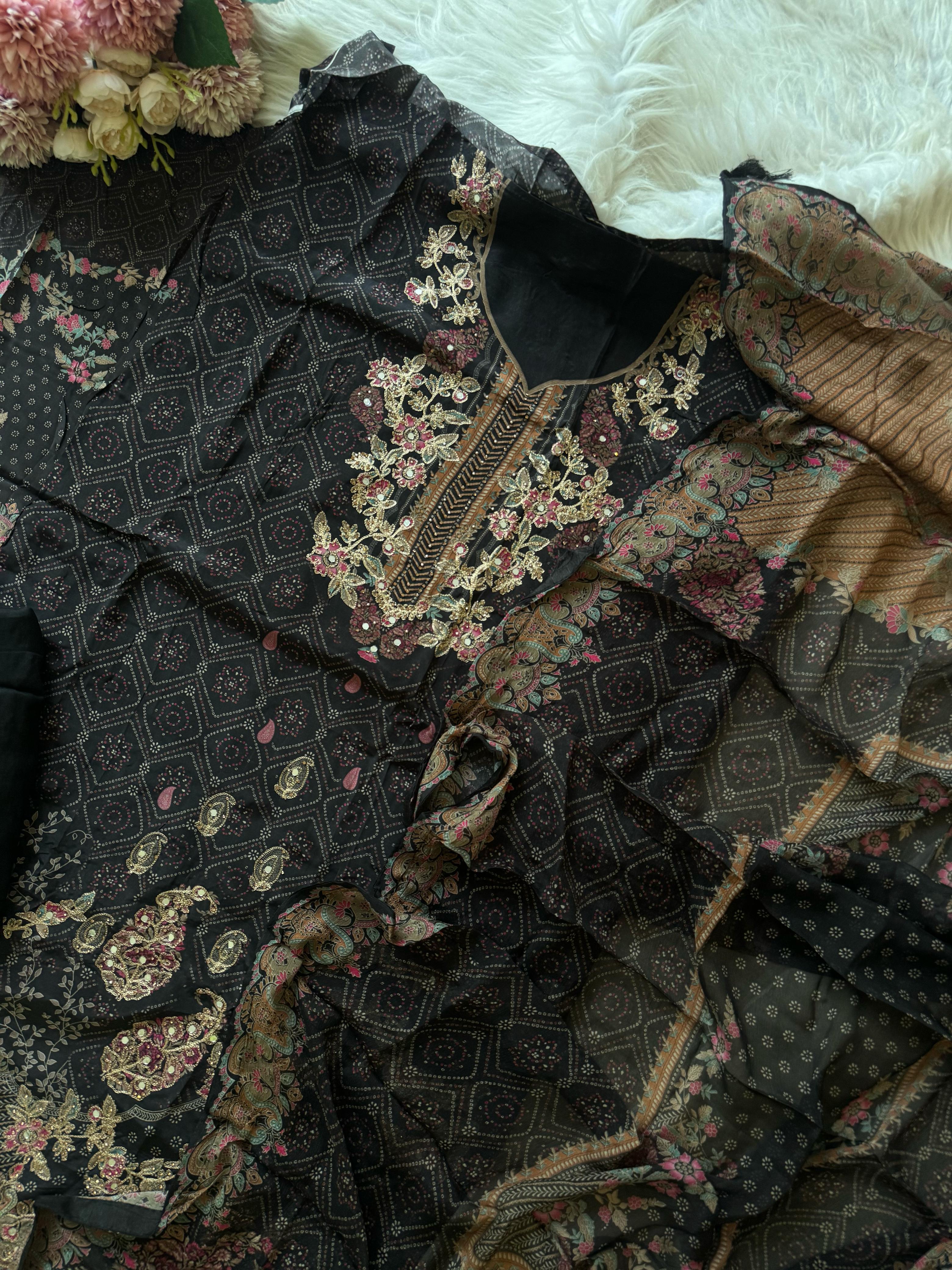 Black Flowy Crepe Suit-1992