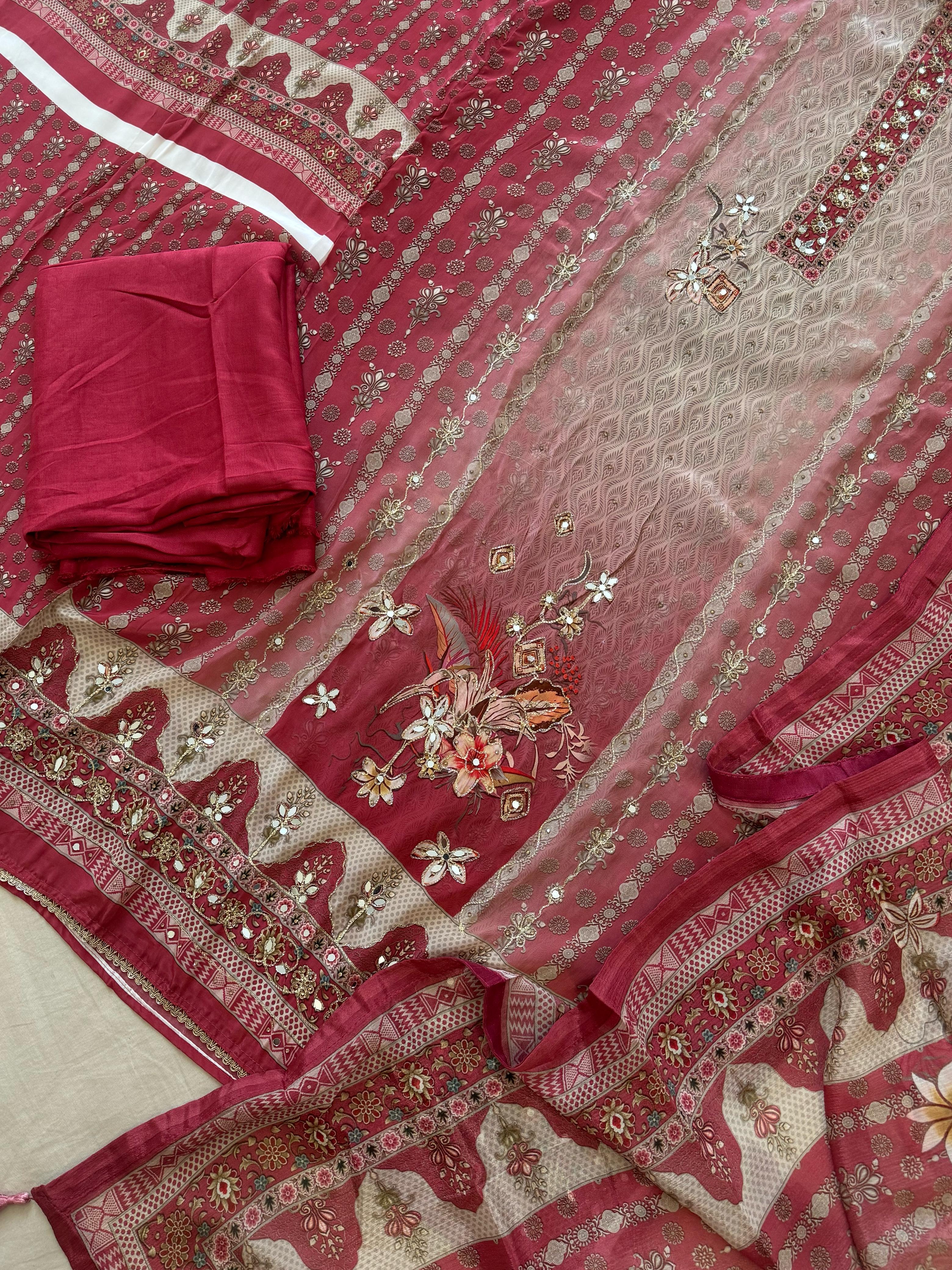 Red & Beige Combo Crepe Suit-1999