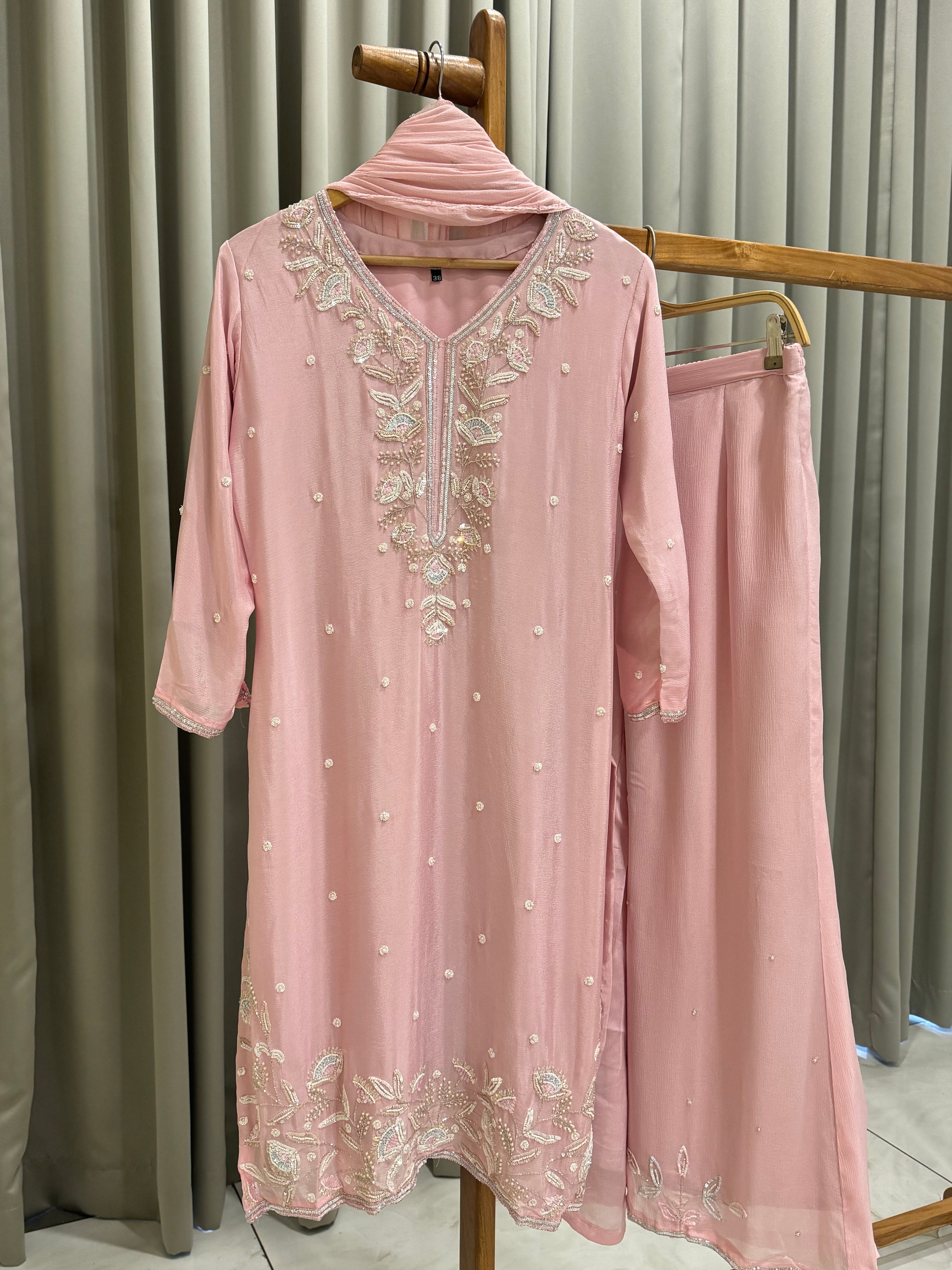 Handworked Chinnon Suit with wide palazzos - Pehnava Lawns