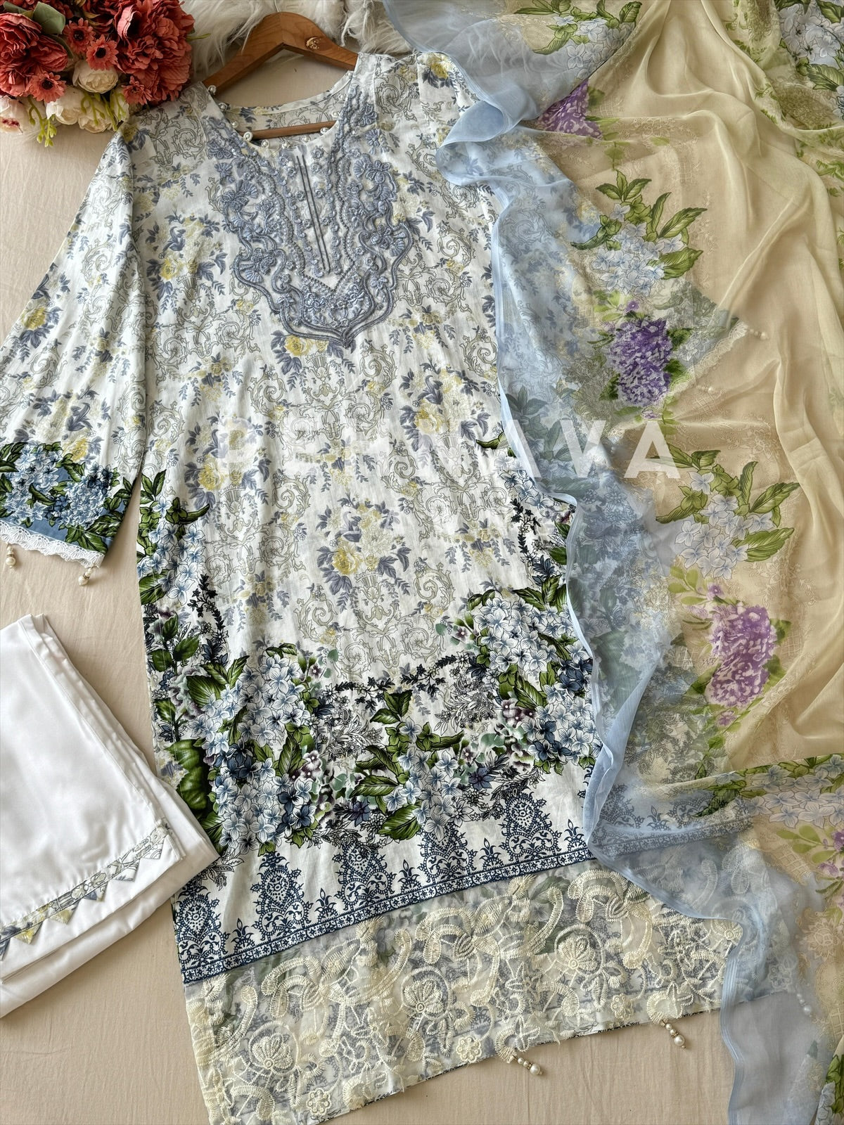 Timeless White & Blue Unstitched Ensemble 1330 - Pehnava Lawns