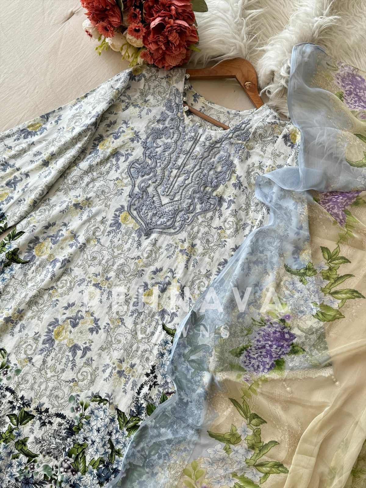 Timeless White & Blue Unstitched Ensemble 1330 - Pehnava Lawns