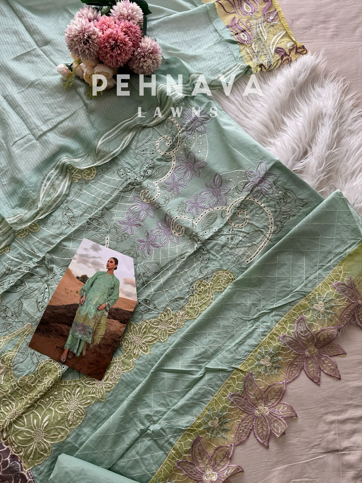 Cotton fully embroidered suit with cotton net dupatta-6025