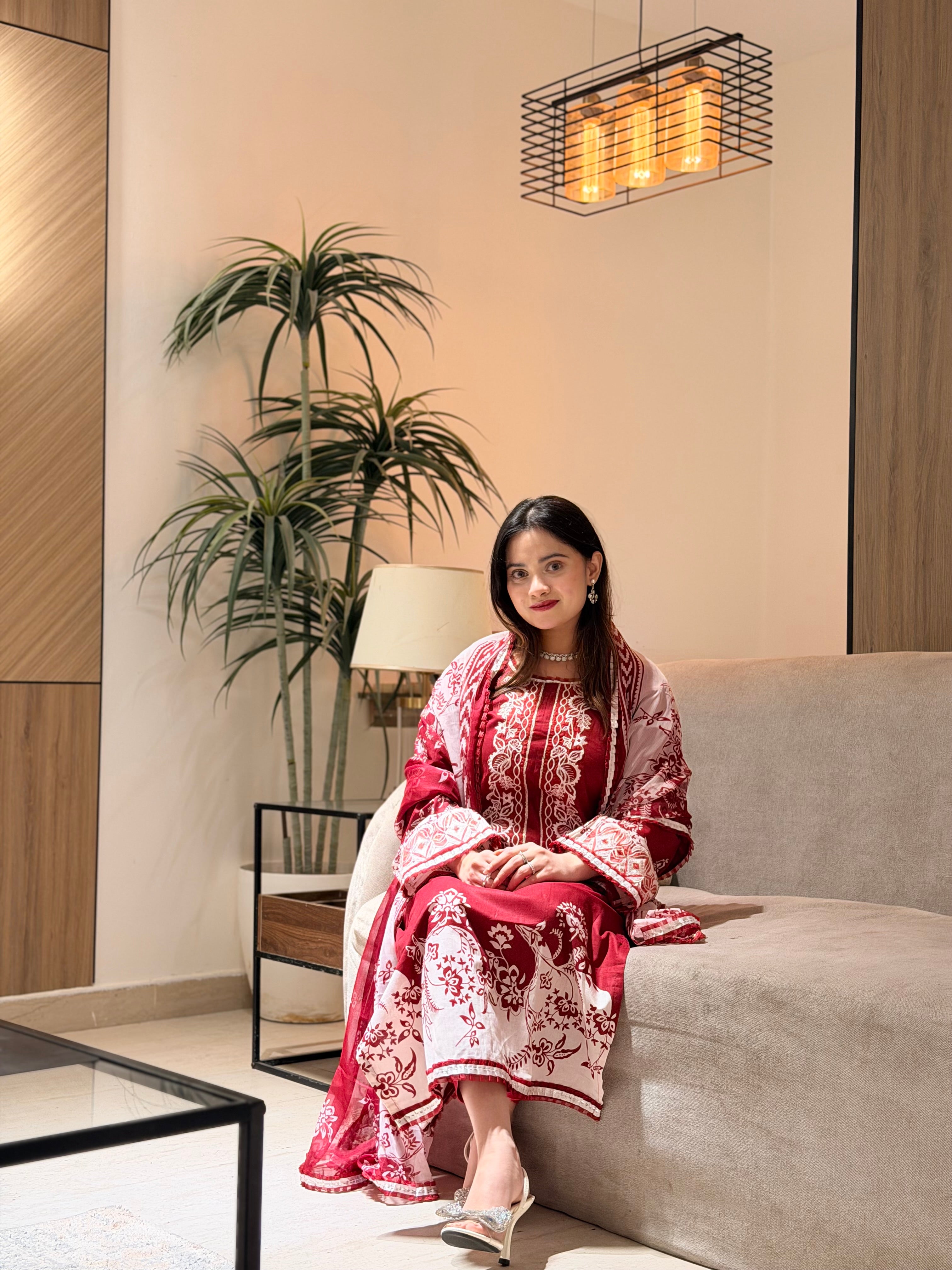 Red Neckline Embroidered Paksuit-1356A