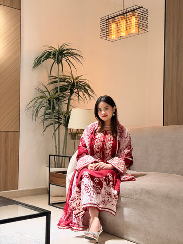 Red Neckline Embroidered Paksuit-1356A