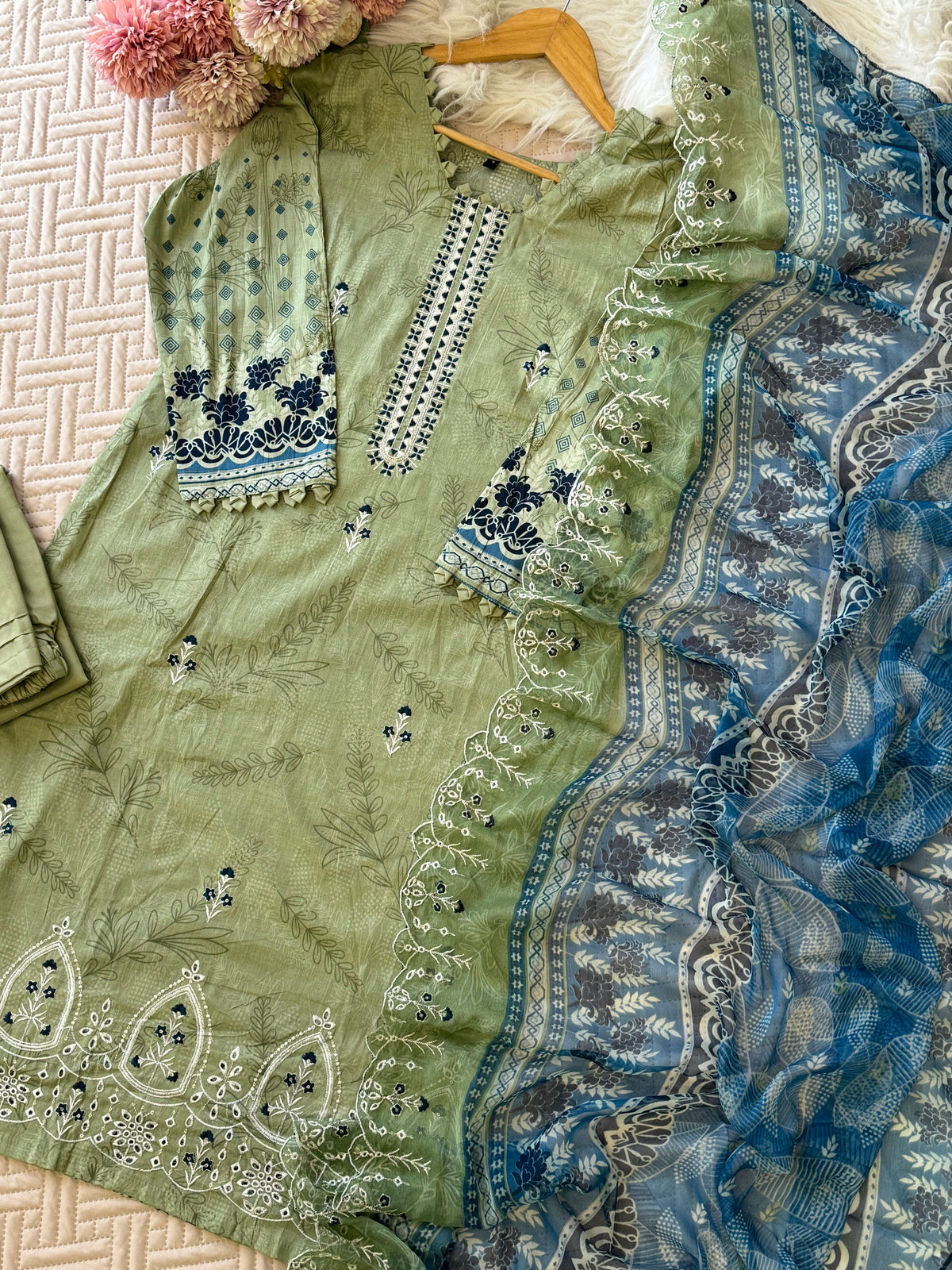Pure cotton suit with embroidered top and dupatta-english green