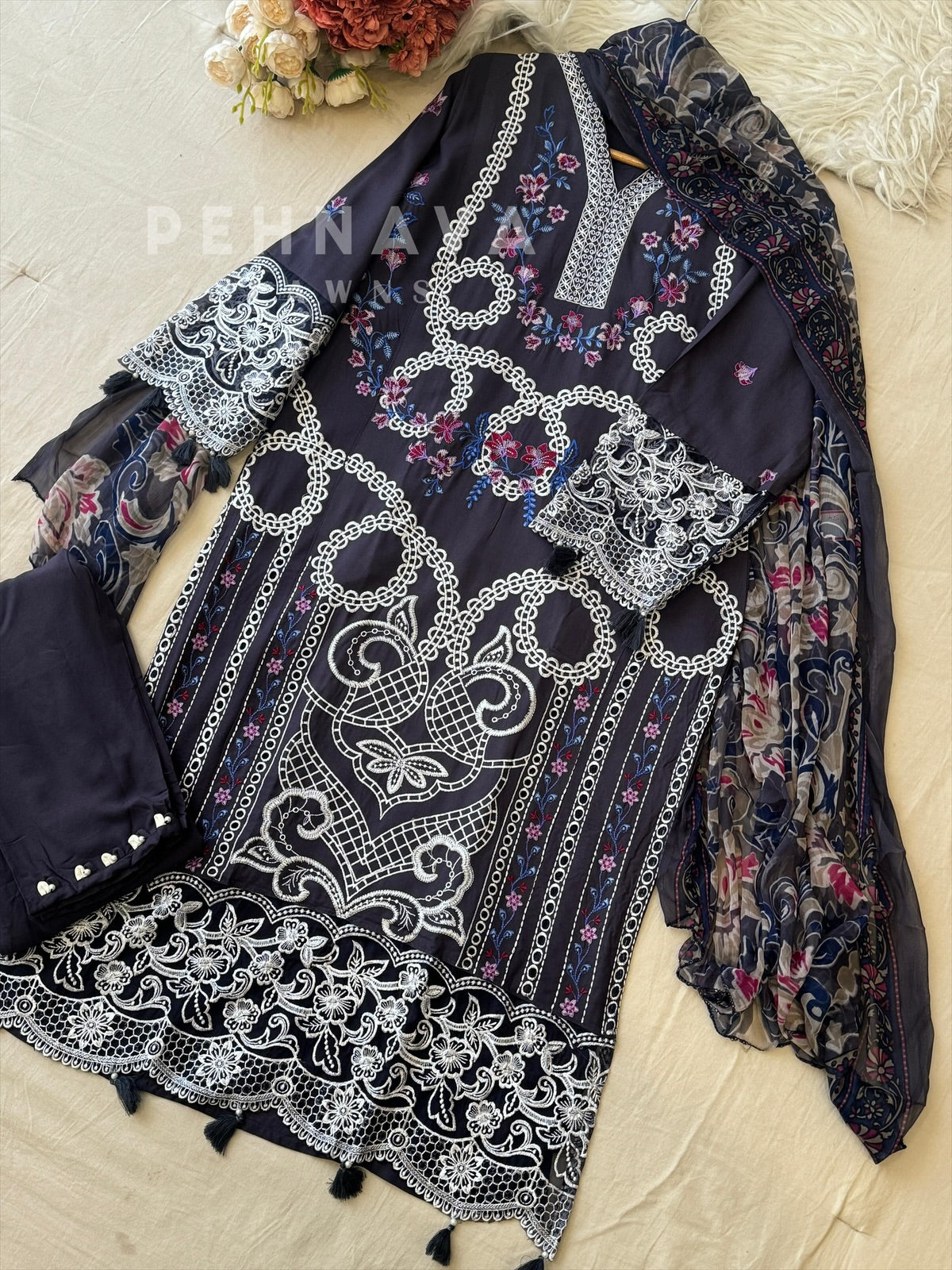 Blue Semi-stitched Embroidered Rayon Suit 1456