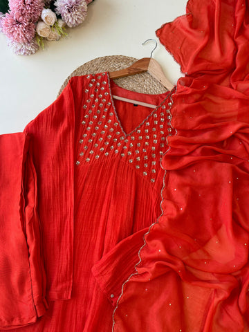 Premium Mul Chandheri A-line suit with neck detailings