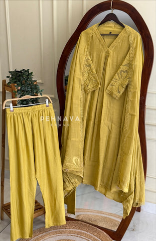 Embroidered V-Neck A-Line Suit Set
