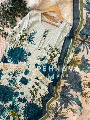 White Suit Ft. Blue Floral Print-1283