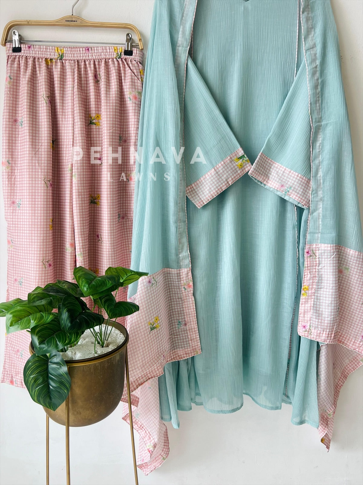 Floral Print Check Ensemble-4346