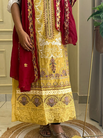 Yellow Semistitched Cotton Fully Embroidered Suit